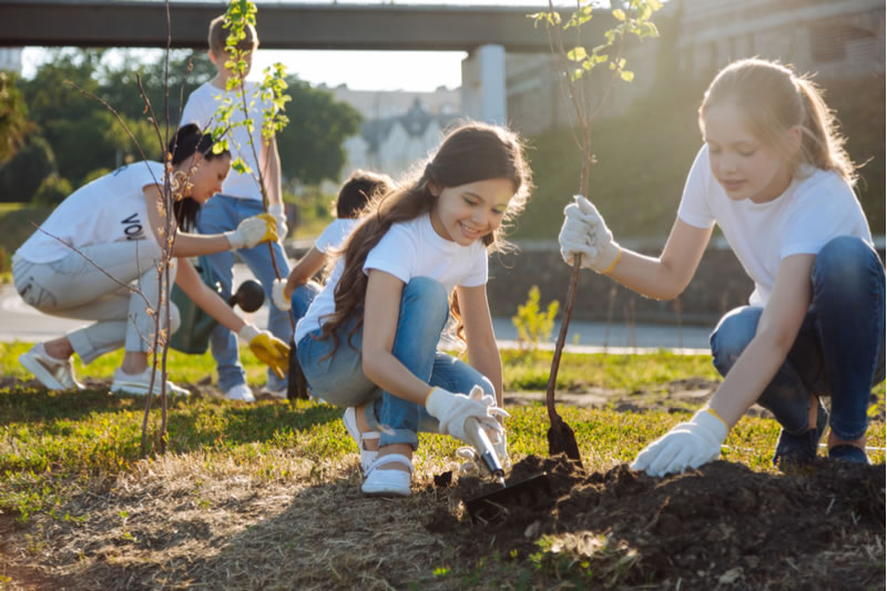A group of children and an adult woman kneeling on the ground to plant a small tree or bush. They are wearing white gloves and are in a sunny outdoor setting, with a large building and more trees in the background.